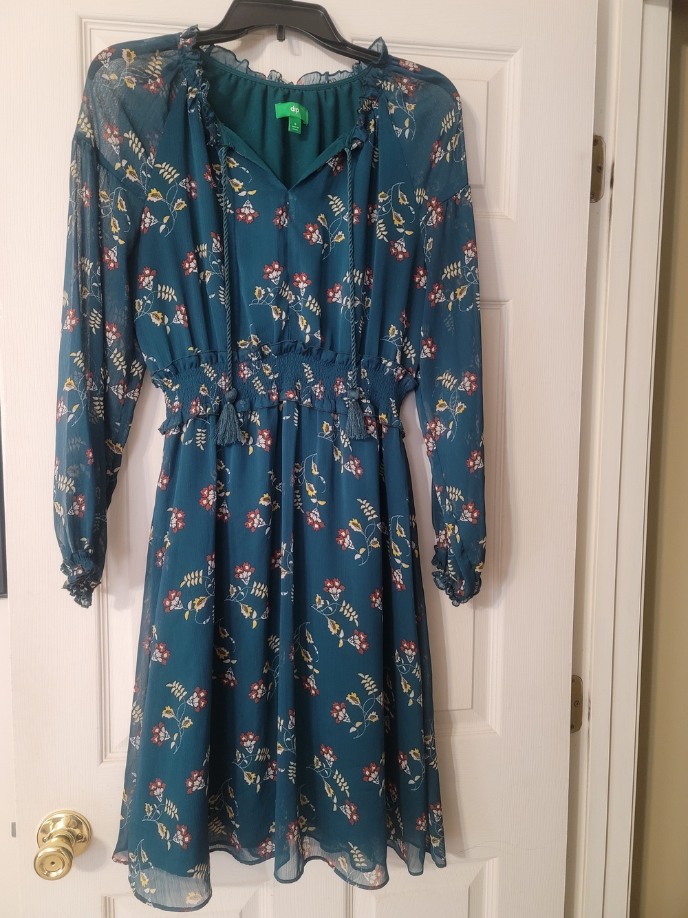 Womens Teal Floral Long-Sleeve Dress